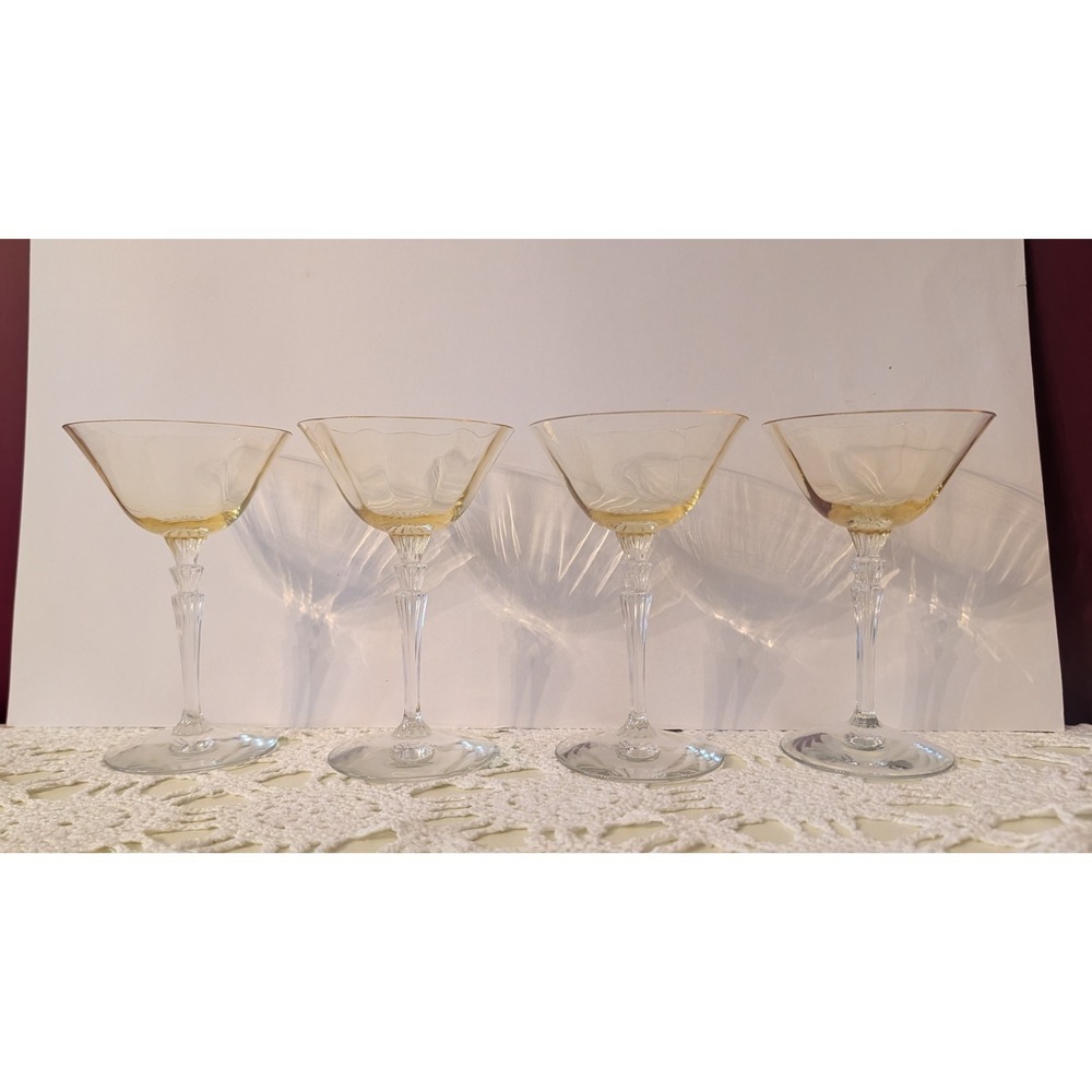 4 Vintage Fostoria Topaz Yellow Cocktail/Champagne Waterfall Glass Set Tiny Chip